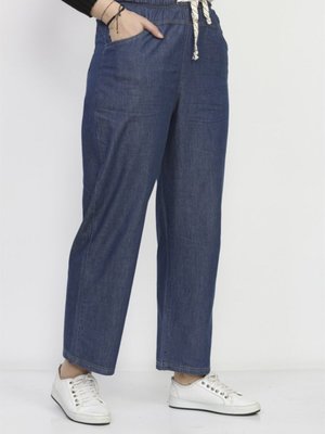 Düz Paça Beli Lastikli Kot Pantolon Koyu Mavi