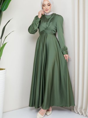 Haki Ön Bağlamalı Saten Abiye Elbise