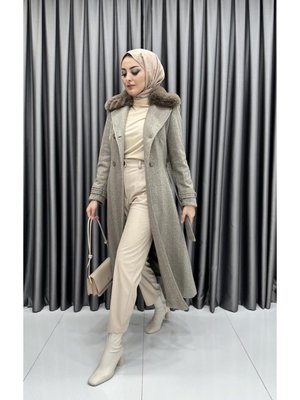 Polar Yaka Detaylı Uzun Manto Vizon Polar Yaka Detaylı Uzun Manto Vizon