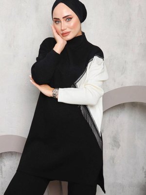 Siyah Püskül Detaylı Pantolonlu Triko Takım