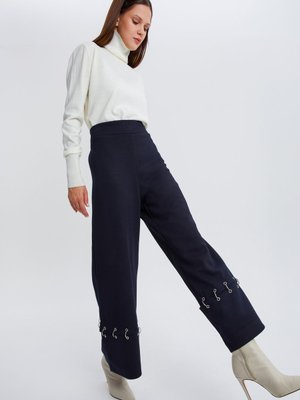 Lacivert Metal Halkalı Bol Paça Pantolon