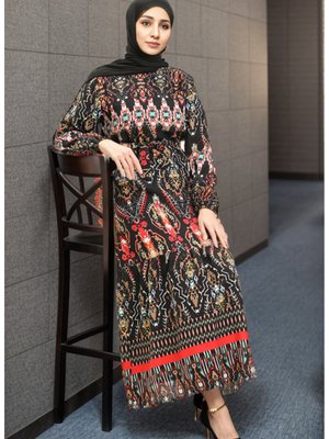 Desenli Viskon Elbise Siyah