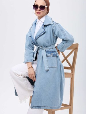 Buz Mavı Kar Kemerli Yanları Cepli Kot Trençkot