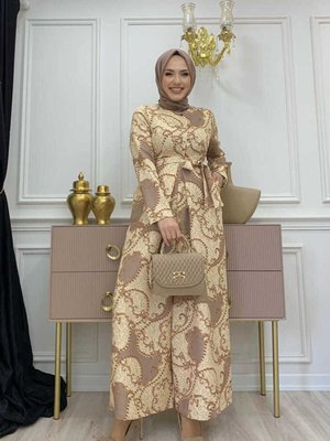 Güğüs Kısmı Gizli Düğmeli Bel Kuşaklı Desenli Tulum Taş