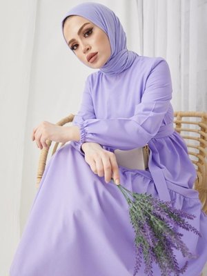 Sıfır Yaka Beli Kuşaklı Elbise Lila