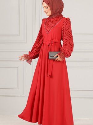 Kuşaklı Tül Elbise Nar Çiçeği Kuşaklı Tül Elbise Nar Çiçeği