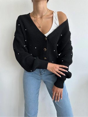 Taş Detaylı Triko Hırka Siyah Taş Detaylı Triko Hırka Siyah