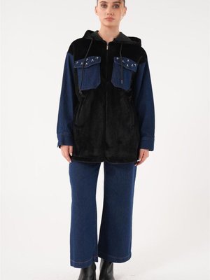 Denim Garnili Taşlı Siyah Bomber Ceket Denim Garnili Taşlı Siyah Bomber Ceket