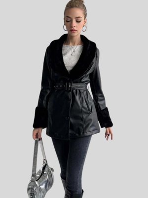 Siyah Şal Yaka Kemerli Deri Ceket