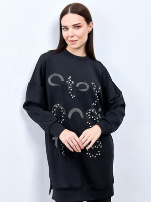 Siyah Taşlı Scuba Sweat