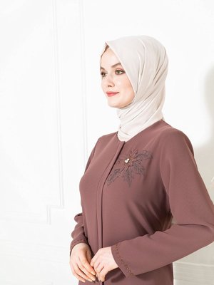 Bahçe Çiçek Nakış Ve Taşlı Kahve Ferace