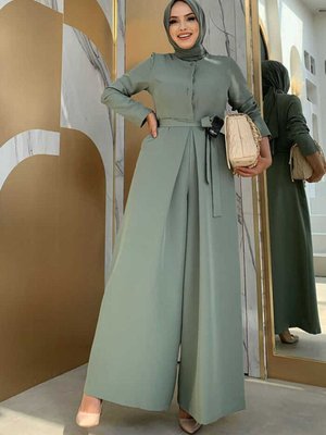 Göğüs Kısmı Gizli Düğme Detaylı Bel Kuşaklı Tulum Mint