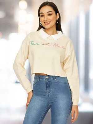 Ekru Gömlek Yaka Yazı Detaylı Sweatshirt Ekru Gömlek Yaka Yazı Detaylı Sweatshirt