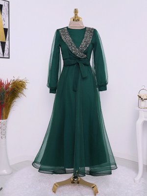 Önü Taşlı Boncuklu Kemerli Tül Abiye Elbise Önü Taşlı Boncuklu Kemerli Tül Abiye Elbise