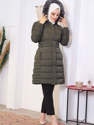 Tam Dolgulu Süper Kumaş Kapşonu Kürklü Spor Şişme Mont