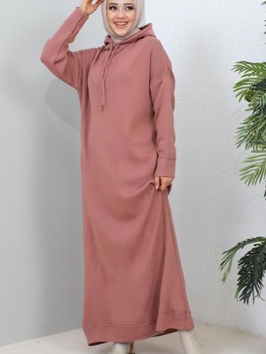 Kapüşonlu Triko Elbise Gül Kurusu