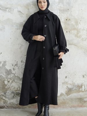 Blair Yakalı Kuşaklı Kaşe Kaban Siyah