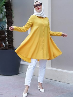 Sarı Önden Düğmeli Çan Etek Gömlek Tunik