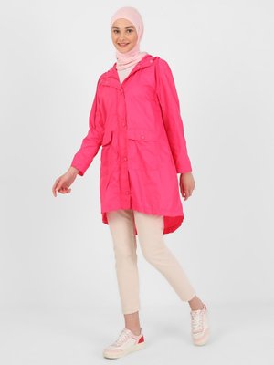 Fuşya Kapüşonlu Cep Detaylı Trençkot