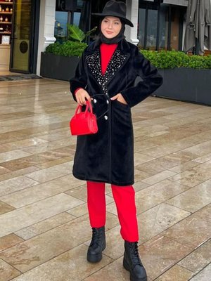 Siyah Kaşmir Taşlı Astarlı Kaban