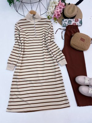 Fermuar Detaylı Çizgili Tunik