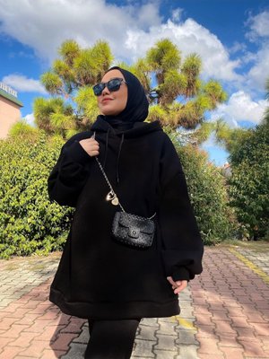Extra Oversize Siyah Basic Iplik Pamuklu Şardonlu Sweatshirt