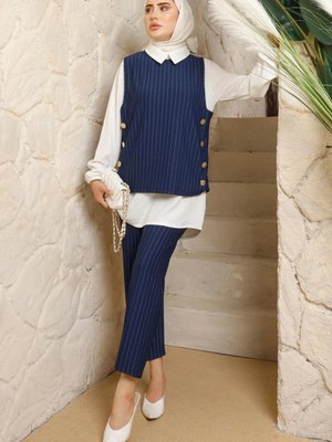 Kadın Lacivert Gömlek Yaka Çizgili Üçlü Yelekli Takım T