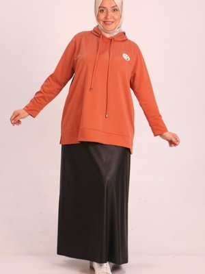 Kiremit Büyük Beden Baskılı İki İplik Kısa Sweat