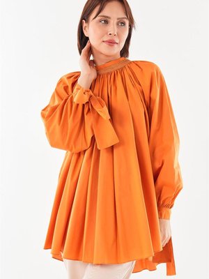 Şerit Güpürlü Büzgülü Kehribar Bluz