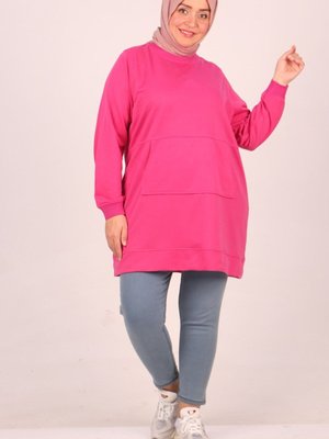 Fuşya Büyük Beden Kanguru Cepli Ribanalı İki İplik Tunik