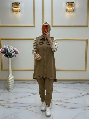 Kahverengi Kot Yelekli Üçlü Takım