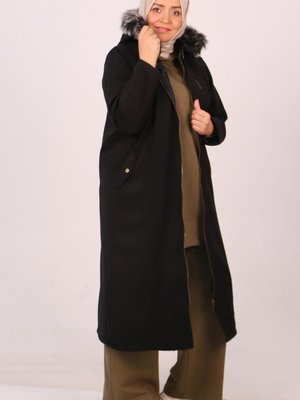 Siyah Büyük Beden Fermuarlı Kaşe Kaban