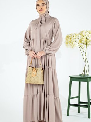 Görele Üç Katlı Büzgülü Yakası Bağcıklı Bej Ferace