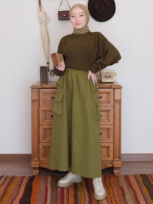 Haki Bağcıklı Crop Kazak