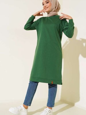 Yanları Yırtmaçlı Basic Uzun Tunik Zümrüt Yeşili