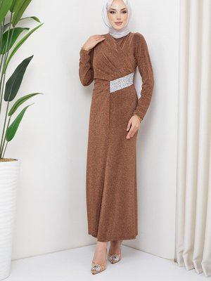 Linda Simli Taşlı Kalem Abiye Elbise Camel