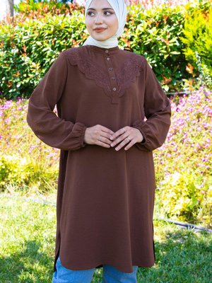 Önü Dantelli Büyük Beden Tunik Kahverengi