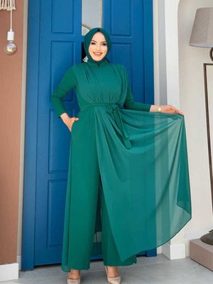 Şifon Pelerin Detay Bel Kuşaklı Tulum Zümrüt