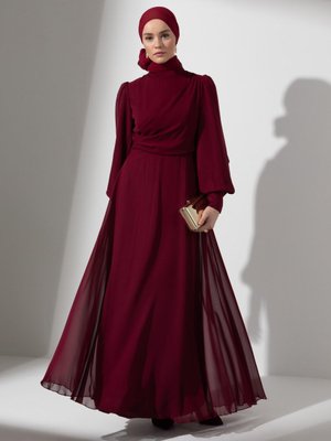 Bordo Drape Detaylı Şifon Abiye Elbise