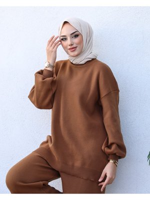 Balon Kollu Düşük Omuz Kahverengi Triko Takım Balon Kollu Düşük Omuz Kahverengi Triko Takım