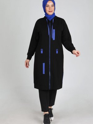 Siyah/saks Büyük Beden Şerit Detaylı İki İplik Kap