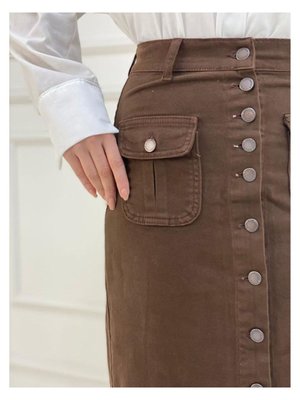 Boydan Düğmeli Körük Cepli Etek Kahverengi