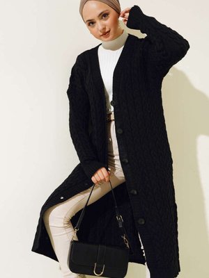 Düğmeli Uzun Triko Hırka Siyah