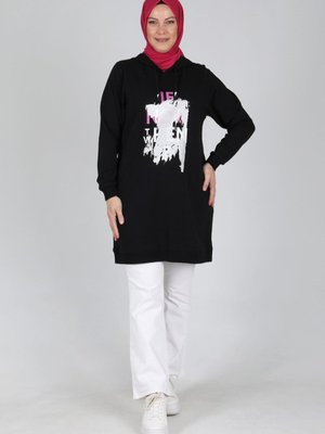 Siyah Büyük Beden Yaldız Baskılı Spor Tunik