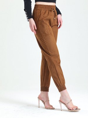 Beli Ve Paçaları Lastikli Süet Pantolon | Kahve