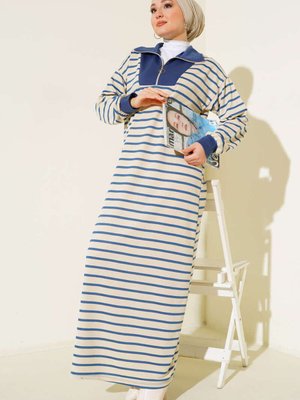 Yaka Fermuarlı Çizgili Elbise Saks Mavisi