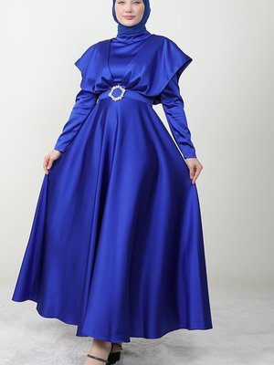 Kemeri Taşlı Kloş Elbise Saks