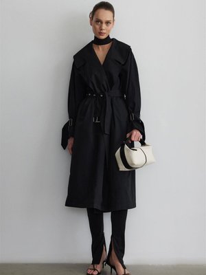 Siyah Metal Tokalı Oversize Trençkot