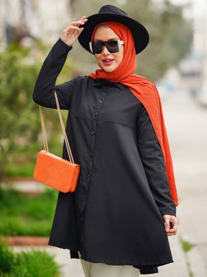 Siyah Önden Düğmeli Gömlek Tunik Siyah Önden Düğmeli Gömlek Tunik