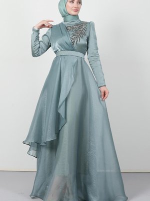 Taşlı Organze Abiye Elbise Soft Yeşil